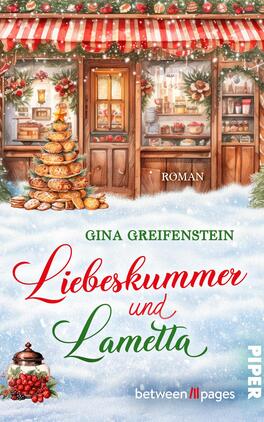 Liebeskummer & Lametta Das Buchcover zeigt eine festlich dekorierte weihnachtliche Szenerie mit einem kleinen Laden, der mit bunten Weihnachtslichtern und einem gestreiften Vordach geschmückt ist. Im Vordergrund sind Leckereien, wie Plätzchen und eine große Torte, auf einem Tisch angerichtet. Der Titel „Liebeskummer und Lametta“ ist in geschwungener roter Schrift auf weißem Grund platziert, während der Name der Autorin, Gina Greifenstein, in grünem Schriftzug darüber steht. Im Hintergrund schneit es leicht und die Atmosphäre wirkt gemütlich und einladend.