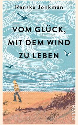 Vom Glück, mit dem Wind zu leben Das Buchcover zeigt eine maritime Szenerie mit einem künftigen Sonnenuntergang, die in sanften Blautönen und warmen Erdtönen gehalten ist. Im Vordergrund ist eine Person mit Rückenansicht auf einem Strand zu sehen, umgeben von Strandgräsern. Der Titel „VOM GLÜCK, MIT DEM WIND ZU LEBEN“ ist in großen, schwarzen Buchstaben zentral platziert. Über dem Titel steht der Name der Autorin, Renske Jonkman, in einer schlichten Schriftart. Im Hintergrund sind stilisierte Wolken und Möwen abgebildet, die die Atmosphäre von Freiheit und Natur widerspiegeln.