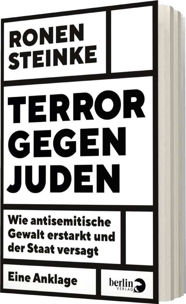 Das Buchcover zeigt einen weißen Hintergrund mit kräftiger schwarzer Typografie. Oben steht der Name des Autors „Ronen Steinke“ in einer modernen Schriftart. Darunter ist der Titel „TERROR GEGEN JUDEN“ in großen, fetten Buchstaben, die ein Gefühl der Dringlichkeit vermitteln. Unter dem Titel findet sich der Untertitel „Wie antisemitische Gewalt erstarkt und der Staat versagt“ in kleinerer Schrift. Das Cover strahlt eine ernste und nachdenkliche Atmosphäre aus.