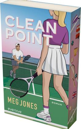 Clean Point Das Buchcover zeigt eine minimalistische Illustration, die einen Tennisplatz mit zwei Spielern darstellt. Im Vordergrund steht eine Spielerin in einem lila Oberteil und einem weißen Rock mit Tennisschläger, während im Hintergrund ein männlicher Spieler zu sehen ist. Der Titel „CLEAN POINT“ ist in großen, weißen Buchstaben oben platziert. Unten steht der Name der Autorin „Meg Jones“ in einer schlichten Schrift. Die Farbgestaltung ist lebendig, dominiert von Blau und Grün, und vermittelt ein sportliches, dynamisches Gefühl.