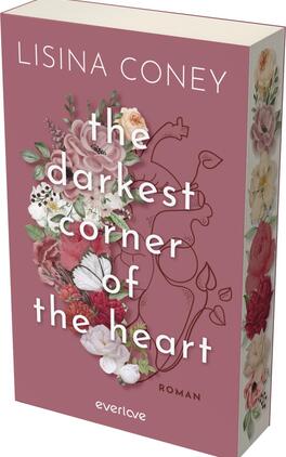 The Darkest Corner of the Heart Das Buchcover zeigt einen sanften rosa Hintergrund, auf dem florale Elemente in verschiedenen Farben und Texturen angeordnet sind. Die Titelzeile „the darkest corner of the heart“ ist in einer auffälligen, weißen Schriftart platziert, während der Autorenname „Lisina Coney“ oben in eleganten Buchstaben dargestellt ist. Ein runder, rosa Button mit der Aufschrift „VORLÄUFIGES COVER“ ist ebenfalls sichtbar. Der Buchrücken ist mit einem Muster aus Fragezeichen in verschiedenen Größen gestaltet.