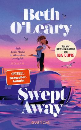 Swept away – Nach dieser Nacht ist Abtauchen unmöglich Das Buchcover zeigt eine stilisierte Landschaft bei Sonnenuntergang mit sanften Pastellfarben in lila, pink und orange. Im Vordergrund ist eine Frau in einem blauen Outfit, die auf einem Boot steht und den Blick in die Ferne richtet. Der Titel „Swept Away“ ist in großer, schwungvoller Schrift in Weiß gehalten. Oben befindet sich der Text „Von der Bestsellerautorin von Love to Share“ und unten das Label „SPIEGEL Bestseller-Autorin“.