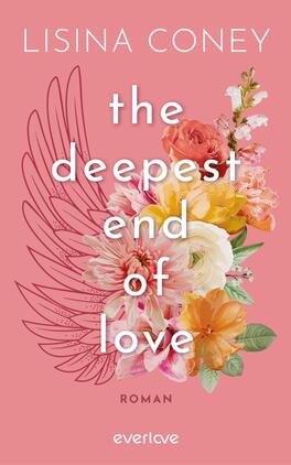 The deepest End of Love Das Buchcover zeigt einen sanften rosa Hintergrund, vor dem üppige, bunte Blumen in verschiedenen Formen und Farben angeordnet sind. Mittig steht der Titel „the deepest end of love“ in großen, weißen Buchstaben, unter dem sich das Wort „ROMAN“ in einer kleineren Schriftgröße befindet. Oben links ist der Autorenname „Lisina Coney“ in einer eleganten, weißen Schrift platziert. Das Gesamtbild vermittelt eine romantische und einladende Atmosphäre.