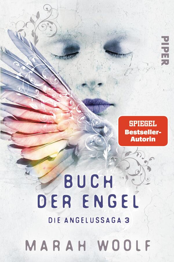Das Buchcover zeigt eine sanfte, weiße Hintergrundtextur mit einer stilisierten Darstellung eines Gesichts, das in entspannter Pose mit geschlossenen Augen abgebildet ist. Über das Gesicht verteilt sind farbenfrohe Engelsschwingen, die in sanften Übergängen von Blau zu Rosa und Gelb verlaufen. Der Titel „BUCH DER ENGEL“ steht in markanter, dunkler Schrift am unteren Rand, während „DIE ANGELUS-SAGA 3“ kleiner darunter platziert ist. Der Name der Autorin, Marah Woolf, erscheint ebenfalls darunter. Oben rechts befindet sich ein rotes Kästchen mit dem Text „SPIEGEL Bestseller-Autorin“.