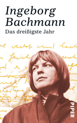 Das dreißigste Jahr Das Buchcover zeigt ein Porträt von Ingeborg Bachmann, umgeben von handschriftlichen Textfragmenten in gedämpften Gelbtönen. Der Hintergrund ist in sanften Brauntönen gehalten, was eine nostalgische Atmosphäre erzeugt. Der Titel „Das dreißigste Jahr“ steht prominent in schwarzer, serifener Schrift unter dem Namen der Autorin, der in größerer Schriftgröße und ebenfalls schwarz gestaltet ist. Die Gestaltung vermittelt einen literarischen und zeitgeschichtlichen Eindruck.