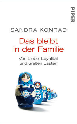 Das bleibt in der Familie Das Buchcover zeigt eine Reihe von ineinanderliegenden russischen Matroschka-Puppen in unterschiedlichen Größen, die in verschiedenen Blau- und Rottönen gestaltet sind. Im Hintergrund ist auf weißem Grund der Titel „Das bleibt in der Familie“ von Sandra Konrad in roter Schrift zu sehen, ergänzt durch den Untertitel „Von Liebe, Loyalität und uralten Lasten“ in schmalerer schwarzer Typografie. Oben links steht der Name der Autorin, und das Verlagslogo ist in der oberen Ecke platziert. Die Gestaltung vermittelt eine vertraute, familiäre Atmosphäre.