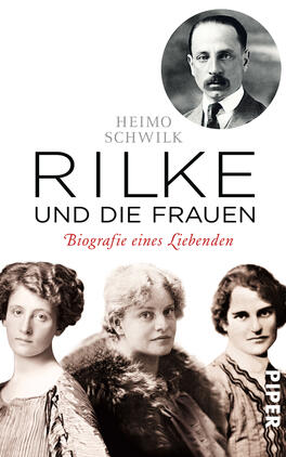 Rilke und die Frauen Das Buchcover zeigt ein Portrait von Rainer Maria Rilke in der oberen Hälfte, umgeben von einem runden Rahmen. Unterhalb befinden sich drei Frauenportraits, die in verschiedenen historischen Stilen abgebildet sind. Die Farbgebung ist in schwarz-weiß gehalten, was eine nostalgische Atmosphäre erzeugt. Der Titel „RILKE UND DIE FRAUEN“ erscheint in großen, schwarzen Buchstaben, während der Untertitel „Biografie eines Liebenden“ in roter Schrift darunter steht. Der Autorennamen „HEIMO SCHWILK“ ist klein und dezent oben angebracht.