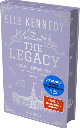 The Legacy – Endlich erwachsen Das Buchcover zeigt ein nahezu weißes, minimalistisches Design mit großer, schwarzer, schmaler serifenloser Schrift für den Titel „THE LEGACY“, darüber in etwas kleinerer schwarzer Großschrift der Autorinnenname „ELLE KENNEDY“ und darunter die Unterzeile „ENDLICH ERWACHSEN“. Ein diagonales rotes Banner oben rechts trägt in weißer Großschrift „VORLÄUFIGES COVER“. Die Gestaltung wirkt kühl, modern und nüchtern.