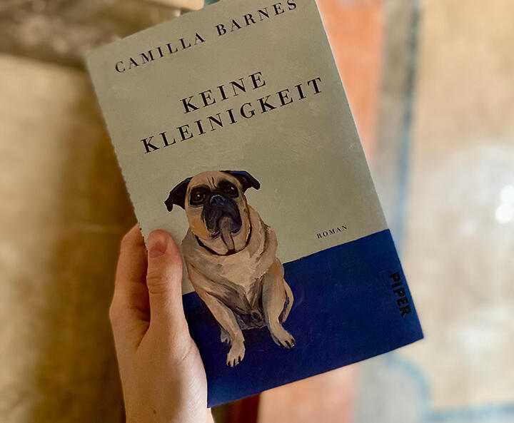 Eine Hand hält ein Buchcover. Der Titel lautet 'Keine Kleinigkeit' von Camilla Barnes. Auf dem Cover ist ein sitzender Hund abgebildet.