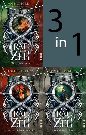 Das Buchcover zeigt drei Buchumschläge der Reihe „Das Rad der Zeit“ von Robert Jordan, die übereinander angeordnet sind. Der obere Umschlag in Rot und Schwarz zeigt den Titel „Mitternachtsstürme“ und eine Drachenillustration. Die beiden unteren Umschläge sind in Grün und Blau gehalten, mit den Titeln „Das Vermächtnis des Lichts“ und „Der Ruf des Frühlings“. Ein großes, graues „3 in 1“ sitzt auf der rechten Seite. Die Schrift ist klar und prägnant, vermittelt eine epische Atmosphäre.