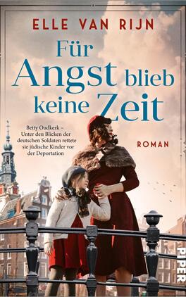 Für Angst blieb keine Zeit Das Buchcover zeigt eine historische Szenerie mit einer Frau und einem kleinen Mädchen in einem urbanen Umfeld. Die Frau trägt einen eleganten, rotbraunen Mantel und einen breiten Hut, während das Mädchen in einem hellen Kleid und einer Jacke gekleidet ist. Der Titel „Für Angst blieb keine Zeit“ ist prominent in blauer Schrift dargestellt, während der Untertitel und Autorennamen in einem schlichten weißen Schriftzug erscheinen. Die Farbpalette umfasst warme Erdtöne und wirkt emotional und nachdenklich. Im Hintergrund sind Gebäude und ein wolkenverhangener Himmel zu sehen.