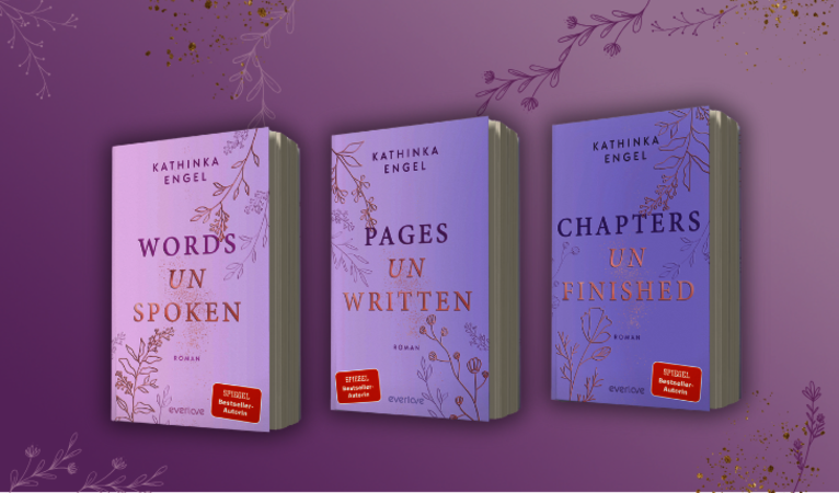 Band 1-3 der Badger Books Reihe auf lila Hintergrund Badger Books: Die neue New Adult-Reihe von Kathinka Engel