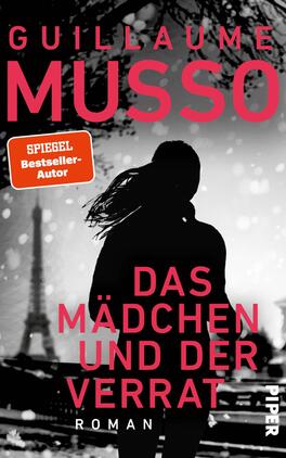 Das Mädchen und der Verrat Das Buchcover zeigt eine silhuettierte Figur einer Frau mit wavy Haaren, die vor einer schemenhaften Kulisse des Eiffelturms steht. Der Hintergrund ist in dunklen Farbtönen gehalten, während die Titelzeile „DAS MÄDCHEN UND DER VERRAT“ in auffälligem, leuchtendem Pink erscheint. Der Autor „GUILLAUME MUSSO“ ist in großen, roten Buchstaben oben platziert, ergänzt durch einen orangefarbenen Hinweis „SPIEGEL Bestseller-Autor“. Der Gesamtton des Covers vermittelt eine geheimnisvolle und spannungsgeladene Atmosphäre.
