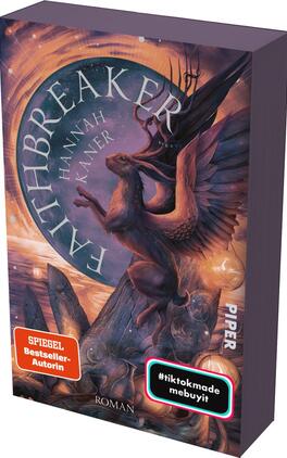 Faithbreaker Das Buchcover zeigt einen majestätischen schwarzen Hirsch mit leuchtenden Augen, der vor einem großen, gelben Kreis steht. Um den Hirsch sind filigrane, verzweigte Bäume und goldene Blätter zu sehen, die eine mystische Atmosphäre erzeugen. Der Titel „Faithbreaker“ ist in großen, geschwungenen Buchstaben oben platziert, während der Name der Autorin „Hannah Kaner“ darunter in einer kleineren Schrift steht. In der unteren Ecke befindet sich ein roter Sticker mit der Aufschrift „VORLAÜFIGES COVER“ und dem Hashtag „#tiktokmade mebuyit“.