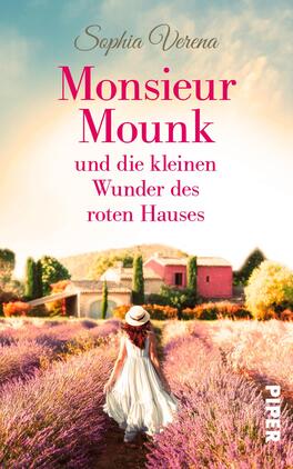 Monsieur Mounk und die kleinen Wunder des roten Hauses Das Buchcover zeigt eine Frau in einem weißen Kleid, die einen Lavendelfeldweg hinuntergeht. Im Hintergrund ist ein rotes Haus mit grünen Pflanzen und Bäumen zu sehen, umgeben von sanften Hügeln. Der Himmel ist hell und die Atmosphäre strahlt eine friedliche und einladende Stimmung aus. Der Titel „Monsieur Mounk und die kleinen Wunder des roten Hauses“ ist in geschwungener pinker Schrift platziert, während der Autorname „Sophia Verena“ darüber in einer eleganten, etwas kleineren Schriftfarbe erscheint.