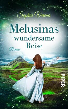Melusinas wundersame Reise Das Buchcover zeigt eine Frau in einem elegant fließenden, hellblauen Kleid, die mit zurückgekehrtem Gesicht und erhobenen Händen in eine märchenhafte Landschaft blickt. Im Hintergrund erhebt sich ein grüner, bewaldeter Hügel unter einem geheimnisvollen, klaren Himmel. Der Titel „Melusinas wundersame Reise“ ist in einer geschwungenen, großen Schrift in dunklem Türkis gehalten, während der Autorinnenname, „Sophia Verena“, darüber in leichterem Grün präsentiert wird. Der Schriftzug „Roman“ ist klein und dezent in der linken unteren Ecke platziert.