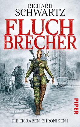 Fluchbrecher Das Buchcover zeigt eine dystopische Stadtlandschaft im Hintergrund, mit alten, teilweise zerstörten Gebäuden. Im Vordergrund steht eine furchtlose, weibliche Protagonistin in militärisch anmutender Kleidung, die eine bedrohliche Haltung einnimmt. Die Farbgestaltung ist überwiegend in Grautönen gehalten, wobei der Titel „FLUCHBRECHER“ in kräftigem Rot leuchtet. Der Autorennamen „RICHARD SCHWARTZ“ ist in schwarzer Schrift oben platziert. Unter dem Titel steht „DIE EISRABEN-CHRONIKEN 1“ in kleinerer Schrift.