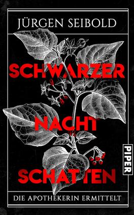 Schwarzer Nachtschatten Das Buchcover zeigt eine kontrastreiche Illustration mit einem großen, schwarz-weißen Blattwerk, das zentrale Elemente darstellt. Entlang der Pflanzen sind rote Beeren zu sehen, die einen dramatischen Akzent setzen. Der Titel „SCHWARZER NACHTSCHATTEN“ ist in auffälligen roten Buchstaben gestaltet und dominiert das Cover. Am unteren Rand befindet sich der Untertitel „DIE APOTHEKERIN ERMITTELT“ in einer schlichteren Schrift. Der Hintergrund ist schwarz und verstärkt die mysteriöse Atmosphäre des Covers. Der Autor „Jürgen Seibold“ ist am oberen Rand angegeben.