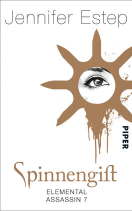 Spinnengift Das Buchcover zeigt einen schlichten, weißen Hintergrund mit einer stilisierten, unterbrochenen Sonnensymbole in warmen Brauntönen. In der Mitte erkennt man ein menschliches Auge, das mysteriös wirkt und den Betrachter direkt anschaut. Der Titel „Spinnengift“ ist in elegantem, geschwungenem Schrifttyp in goldbraunen Buchstaben platziert. Der Name der Autorin, Jennifer Estep, steht oben in einer schlichten serifenlosen Schrift. Das Gesamtbild vermittelt eine geheimnisvolle und spannende Atmosphäre, passend zur Genrezugehörigkeit.