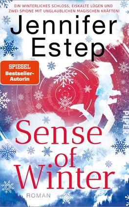 Sense of Winter Das Buchcover zeigt eine winterliche Szenerie mit einem Schloss im Hintergrund, umgeben von fallendem Schneeflocken. Im Vordergrund läuft eine Figur in einem weißen Outfit, die Dynamik vermittelt. Der Titel „Sense of Winter“ ist in großen, roten Buchstaben prominent platziert. Darüber steht der Name der Autorin, „Jennifer Estep“, in schwarzer Schrift. Eine rote Box mit dem Text „SPIEGEL-Bestseller-Autorin“ fügt sich in das Design ein und betont die Bekanntheit der Autorin. Die Farbgestaltung in Blau, Weiß und Rot vermittelt ein kühles, spannendes Gefühl.