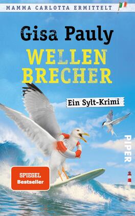 Wellenbrecher Das Buchcover zeigt einen dynamischen Surf-Szenen-Hintergrund in verschiedenen Blautönen, die das Meer darstellen. Im Vordergrund steht eine beeindruckende Möwe, die ein Surfbrett hält. Der Titel „Wellenbrecher“ erscheint in großer, auffälliger gelber Schrift, über der Autorin „Gisa Pauly“, die in schwarzer Schrift darunter platziert ist. Darüber wird „Mamma Carlotta ermittelt“ in kleinerer Schrift gezeigt. Am unteren Rand befindet sich ein rotes Zeichen mit dem Text „SPIEGEL Bestseller“ in Weiß. Die Gesamtatmosphäre vermittelt Spannung und Abenteuer am Meer.