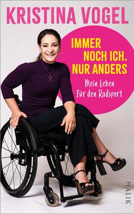 Immer noch ich. Nur anders Das Buchcover zeigt Kristina Vogel in einem schwarzen Rollstuhl. Sie trägt ein violettes Oberteil und hat eine freundliche Miene. Im Hintergrund ist ein großer, pinker Kreis, der den Titel „IMMER NOCH ICH. NUR ANDERS“ in gelber Schrift umrahmt. Unterhalb des Titels steht in kleinerer Schrift „Mein Leben für den Radsport“. Die sanften Farben und die positive Ausstrahlung der Protagonistin vermitteln eine inspirierende Atmosphäre. Das Verlagslogo „MALIK“ befindet sich am unteren rechten Rand.
