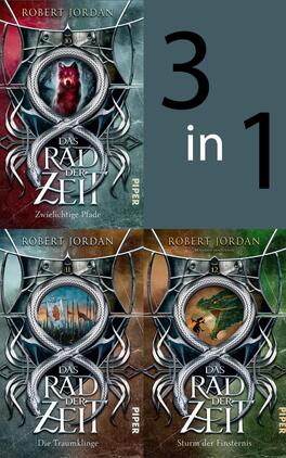 Bundle: Das Rad der Zeit 10 bis 12 Das Buchcover zeigt eine Kombination dreier Buchtitel aus der Reihe „Das Rad der Zeit“ von Robert Jordan. In der oberen Reihe sind die Cover in einem diagonalen Layout angeordnet, die zentralen Elemente sind jeweils ein geflochtener Drache und ein Symbol in der Mitte. Die Farben sind tiefrot, dunkelgrün und blau, was eine mystische Atmosphäre schafft. Der Titel „3 in 1“ ist prominent in großen, klaren, weißen Ziffern auf grauem Hintergrund platziert. Die Schriftart ist modern und gut lesbar.