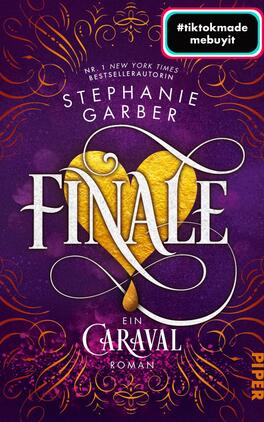 Finale Das Buchcover zeigt einen tiefvioletten Hintergrund, der einen geheimnisvollen und magischen Eindruck vermittelt. Im Zentrum befindet sich ein goldenes Herz, umgeben von geschwungenen, weißen Linien, die die Schriftzüge umgarnen. Der Titel „FINALE“ ist groß und elegant in Silber dargestellt, während der Autorinnenname „Stephanie Garber“ darüber platziert ist. Am unteren Rand steht „ein Caraval Roman“ in schlichter Schrift. In der oberen rechten Ecke befindet sich ein quadratischer Button mit dem Text „#tiktokmade“.
