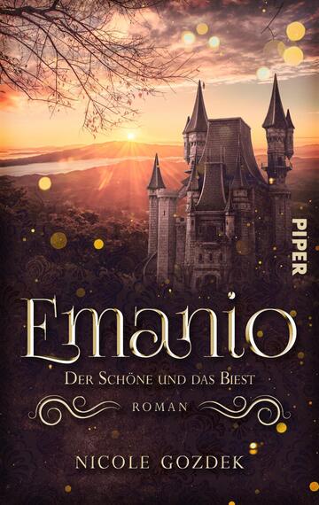 Das Buchcover zeigt eine romantische Szene mit einem prunkvollen Schloss im Vordergrund, umgeben von Bäumen und einer bewölkten Abendstimmung. Der Himmel ist in warmen, goldenen und orangefarbenen Tönen gefärbt, die den Sonnenuntergang reflektieren. Der Titel „Emanio“ ist in eleganten, geschwungenen Buchstaben in Gold gehalten und hebt sich vom dunklen Hintergrund ab. Darunter steht der Untertitel „Der Schöne und das Biest“ sowie der Autorenname Nicole Gozdek, ebenfalls in goldener Schrift. Glitzernde Lichteffekte verleihen dem Cover eine magische Atmosphäre.