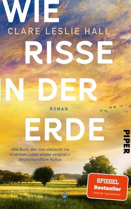 Wie Risse in der Erde Das Buchcover zeigt einen weiten Sonnenuntergangshimmel in Gelb-, Orange- und Lilatönen über grünen Feldern mit vereinzelten Bäumen und einer kleinen Person im Vordergrund. Der Titel „WIE RISSE IN DER ERDE“ steht groß in weißen Großbuchstaben, darüber Autorennamen „Clare Leslie Hall“ in kleinerem Weiß, darunter das Wort „Roman“. Im rechten unteren Bereich ein roter Aufkleber mit der Aufschrift „SPIEGEL Bestseller – Jetzt als Taschenbuch“.