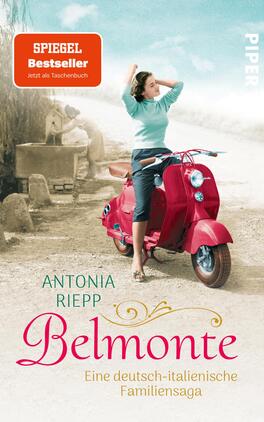 Belmonte Das Buchcover zeigt eine Frau in einem hellblauen Pullover, die auf einer roten Vespa sitzt. Der Hintergrund ist eine ländliche Szene mit einem sandigen Weg und verdorrten Pflanzen. Oben links ist ein rotes „SPIEGEL Bestseller“-Label zu sehen. Der Titel „Belmonte“ ist in geschwungener rosa Schrift geschrieben, während der Autorennamen „Antonia Riepp“ in einem schlichten, eleganten Stil darunter platziert ist. Die Atmosphäre vermittelt ein Gefühl von Nostalgie und Abenteuer.