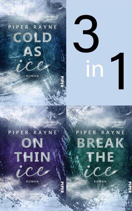 Bundle: Winter Games 1-3 Das Buchcover zeigt einen strukturierten Hintergrund in verschiedenen kühlen Blautönen, der an Eis erinnert. In der oberen linken Ecke steht der Titel „COLD AS ICE“ in silberner Schrift, darunter der Text „ROMAN“. Die unteren zwei Teilcover zeigen die Titel „ON THIN ICE“ und „BREAK THE ICE“, jeweils in ähnlicher Typografie und Farbgestaltung. In der oberen rechten Ecke ist der Text „3 in 1“ in einer großen, schwarzen Schrift platziert.