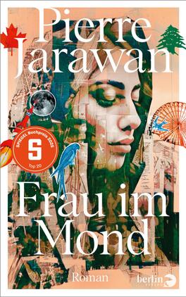 Frau im Mond Das Buchcover zeigt eine stilisierte Frauengesicht im Profil, umgeben von verschiedenen grafischen Elementen wie einem Mond, einem Vogel und einem Riesenrad. Die Farbpalette besteht aus sanften Tönen, überwiegend Rosa und Beige, die eine träumerische Atmosphäre vermitteln. Der Titel „Frau im Mond“ steht in großen, weißen Buchstaben am unteren Rand, während der Autorname „Pierre Jarawan“ oben hervorgehoben ist. Der Gesamtlook ist modern und ansprechend, laden zum Lesen ein.
