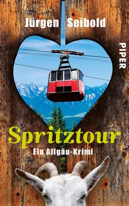 Spritztour Das Buchcover zeigt eine Holzhintergrund, in das ein Herz ausgeschnitten ist, das die Aussicht auf eine Gebirgslandschaft mit schneebedeckten Bergen und einem blauen Himmel zeigt. In der Mitte des Herzens ist eine rote Gondelbahn abgebildet, die an Seilen hängt. Der Titel „Spritztour“ ist in einer hellen, auffälligen grünen Schriftgröße am unteren Rand platziert, gefolgt vom Untertitel „Ein Allgäu-Krimi“ in kleinerer, weißer Schrift. Der Name des Autors, Jürgen Seibold, steht in der oberen linken Ecke in weißer Schrift.