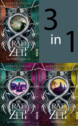 Bundle: Das Rad der Zeit 4 bis 6 Das Buchcover zeigt eine kreative Anordnung der drei Buchcover der Reihe „Das Rad der Zeit“ von Robert Jordan. Im Hintergrund sind Schattentöne in Grün und Blau, während die Cover mit prächtigen, bunten Rahmen in Metallic-Optik hervorgehoben werden. Die Titel „Das Rad der Zeit“, „Die Feuer des Himmels“ und „Herd des Chaos“ sind prominent in goldener Schrift angeordnet. In der oberen Ecke ist der Hinweis „3 in 1“ in großer, klarer Schrift zu sehen. Die Gestaltung vermittelt eine mystische und abenteuerliche Atmosphäre.
