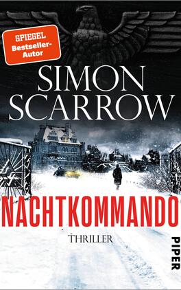 Nachtkommando Das Buchcover zeigt eine verschneite, düstere Landschaft, in der ein Schatten einer Person auf einem Weg zu einem imposanten, historischen Gebäude zu sehen ist. Der Himmel ist mit dunklen Wolken verhangenen, was eine bedrohliche Stimmung erzeugt. Der Titel „Nachtkommando“ ist in großen, auffälligen roten Buchstaben platziert, während der Name des Autors, Simon Scarrow, darüber in eleganten schwarzen Buchstaben erscheint. Am oberen Bildrand befindet sich ein rotes Label mit dem Text „SPIEGEL Bestseller-Autor“. Das Verlagslogo ist in der unteren rechten Ecke positioniert.