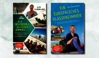 Buchcover von „Ein deutsches Klassenzimmer“ und „Ein europäisches Klassenzimmer“ von Jan Kammann vor hellem Hintergrund