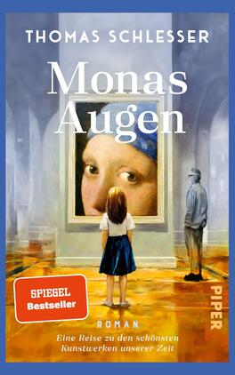 Monas Augen – Eine Reise zu den schönsten Kunstwerken unserer Zeit Das Buchcover zeigt eine junge Frau mit langen, braunen Haaren, die vor einem großen Gemälde steht, das eine Frau mit geheimnisvollem Blick darstellt. Die Protagonistin trägt ein weißes Oberteil und einen blauen Rock. Hinter ihr steht ein Mann in Grau, der ebenfalls das Kunstwerk betrachtet. Der Hintergrund ist in sanften Grau- und Blautönen gehalten. Der Titel „Monas Augen“ steht in großen weißen Buchstaben oben, während der Untertitel „Eine Reise zu den schönsten Kunstwerken unserer Zeit“ in kleinerer Schrift darunter platziert ist. Das Gesamtbild vermittelt eine Atmosphäre der Faszination für Kunst.