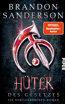 Hüter des Gesetzes Das Buchcover zeigt einen dunklen Hintergrund, der eine mysteriöse und spannende Atmosphäre erzeugt. Im Vordergrund befindet sich ein faszinierendes, grafisches Symbol in silbernen und roten Farbtönen, das Elemente wie ein Schwert und einen Kreis vereint. Der Titel „Hüter des Gesetzes“ ist in auffälliger, rot gefärbter Schrift gehalten, wobei der Schriftzug „Hüter“ besonders hervorgehoben ist. Der Name des Autors, Brandon Sanderson, steht oberhalb des Titels in weißer Schrift. In der oberen rechten Ecke ist ein orangenes Feld mit der Aufschrift „SPIEGEL Bestseller-Autor“ platziert.