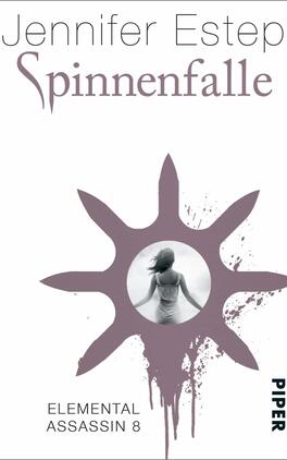 Spinnenfalle Das Buchcover zeigt einen stilisierten, lila-schwarzen Sonnenstrahlen-Hintergrund. In der Mitte ist eine graue Silhouette einer Person zu sehen, die nachdenklich wirkt und sich leicht zur Seite dreht. Der Titel „Spinnenfalle“ in eleganter Schrift ist oben platziert, während der Autorennamen „Jennifer Estep“ darüber steht. Am unteren Rand findet sich der Hinweis „Elemental Assassin 8“ in schlichter Schrift, gefolgt vom Verlagsnamen „Piper“. Die Gesamtatmosphäre ist geheimnisvoll und fesselnd.
