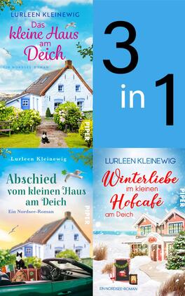 Bundle: Liebesglück in Ostfriesland Band 1-3 Das Buchcover zeigt vier Buchcover-Designs in einem kompakten Layout. Oben links ist ein hellblaues Cover mit einem weißen Haus am Deich, umgeben von grünen Bäumen, und dem Titel „Das kleine Haus am Deich“ in verspielter Schrift. Unten links erscheint das Cover „Abschied vom kleinen Haus am Deich“ mit einer sanften Farbpalette. Oben rechts steht „3 in 1“ in großen, schwarzen Ziffern auf hellem Hintergrund. Unten rechts ist das Cover „Winterliebe im kleinen Hofcafé am Deich“ in winterlichem Design.