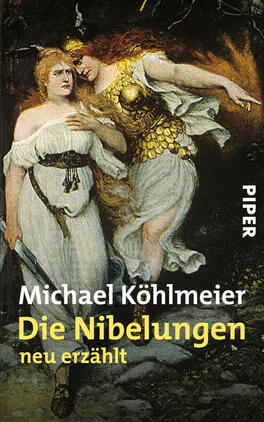 Die Nibelungen Das Buchcover zeigt eine dramatische Szene mit zwei Frauenfiguren in historischer Bekleidung. Eine der Frauen trägt ein goldenes Gewand und wirkt stark und entschlossen, während die andere in einem weißen Kleid, besorgt und hilfsbereit, neben ihr steht. Der Hintergrund ist düster gehalten, was die Atmosphäre von Konflikt und Mythos unterstreicht. Der Titel „Die Nibelungen neu erzählt“ ist in großen, gelben Buchstaben am unteren Rand platziert, während der Name des Autors, Michael Köhlmeier, darüber in Weiß steht.