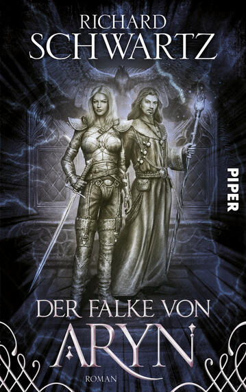Das Buchcover zeigt in monochromen Tönen zwei Figuren, eine Kriegerin in Rüstung und einen magisch wirkenden Mann mit einem Stab. Im Hintergrund ist eine detaillierte, mystische Landschaft angedeutet. Der Titel „DER FALKE VON ARYN“ steht prominent in eleganter, geschwungener Schrift, während der Autor „RICHARD SCHWARTZ“ oben in klarer, serifenloser Typografie platziert ist. Die Atmosphäre des Covers vermittelt Spannung und Abenteuer in einer fantastischen Welt.