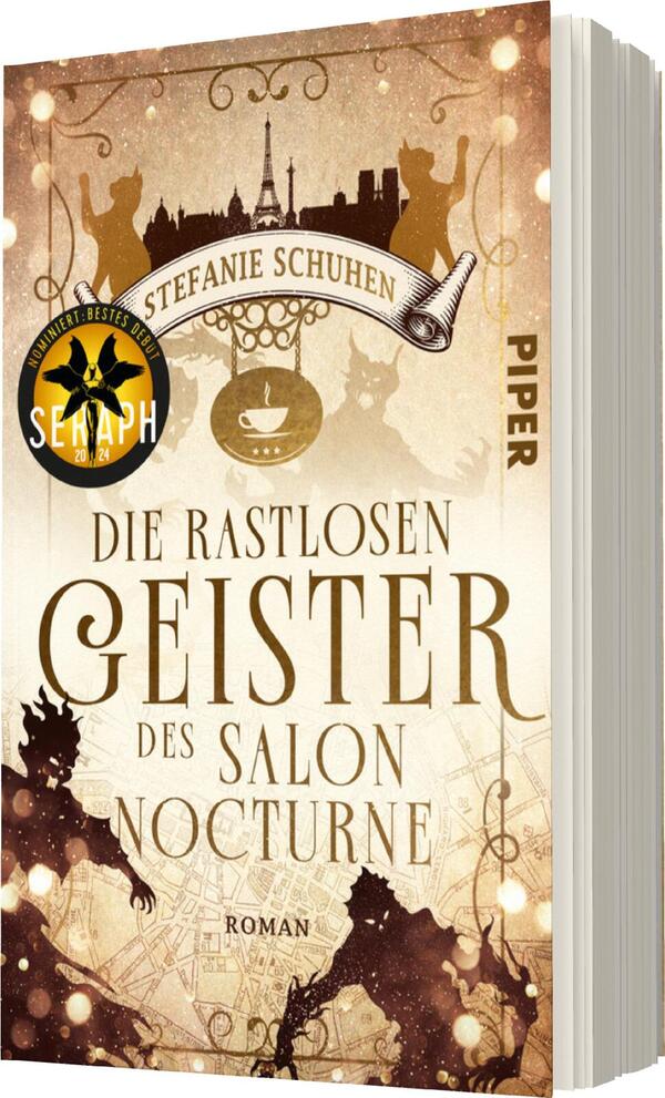 Das Buchcover zeigt eine nostalgische, goldene Farbgebung, die eine geheimnisvolle Atmosphäre vermittelt. Der Titel „Die rastlosen Geister des Salon Nocturne“ ist in großen, eleganten Buchstaben zentriert angeordnet. Oben ist der Name der Autorin, Stefanie Schuhen, präsent. Im Hintergrund sind schemenhafte Silhouetten von Gebäuden und Figuren sowie stilisierte verschnörkelte Elemente zu erkennen. Unten ist das Wort „Roman“ in kleineren Buchstaben platziert. Ein Rundlogo mit dem Text „SERAPH – Literaturpreis“ ergänzt das Design.