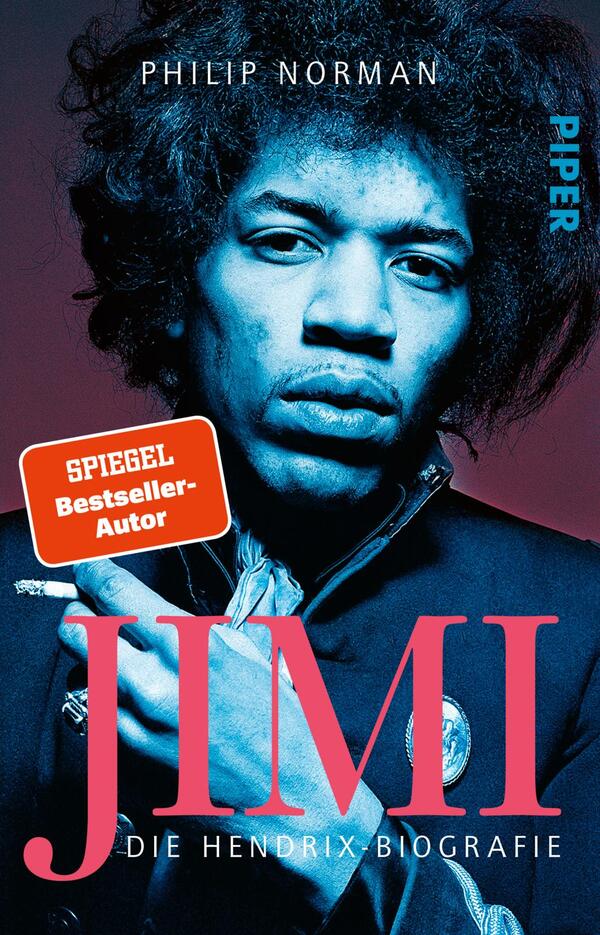 Das Buchcover zeigt ein eindrucksvolles Portrait von Jimi Hendrix in kräftigen blauen und schwarzen Tönen. Hendrix hat einen intensiven Blick und trägt eine auffällige Jacke mit einer dekorativen Brosche. Der Titel „JIMI“ ist in großen pinken Buchstaben prominent platziert, begleitet von dem Untertitel „DIE HENDRIX BIOGRAFIE“ in kleinerer, weißer Schrift. Oben links steht der Name des Autors „PHILIP NORMAN“ in eleganter Schrift, und rechts ist die Aufschrift „PIPER“ in blau dargestellte. Ein Hinweis „SPIEGEL Bestseller-Autor“ befindet sich in einem weißen Rechteck in der unteren linken Ecke.