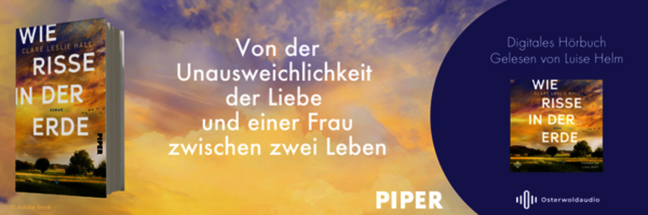 das Buch 'Wie Risse in der Erde' von Clare Leslie Hall. Text: 'Von der Unausweichlichkeit der Liebe und einer Frau zwischen zwei Leben'. Rechts ein Hinweis auf das digitale Hörbuch.