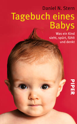Tagebuch eines Babys Das Buchcover zeigt ein nahes Portrait eines Babys mit einem neugierigen Gesichtsausdruck und einer auffälligen Frisur. Der Hintergrund ist in kräftigem Rot gehalten, was eine lebendige Atmosphäre erzeugt. Oben links steht in auffälliger gelber Schrift der Titel „Tagebuch eines Babys“. Unter dem Titel befindet sich der Untertitel „Was ein Kind sieht, spürt, fühlt und denkt“ in weißer Schrift. Unten rechts ist das Verlagslogo „PIPER“ in kleinerer Schriftgröße platziert.