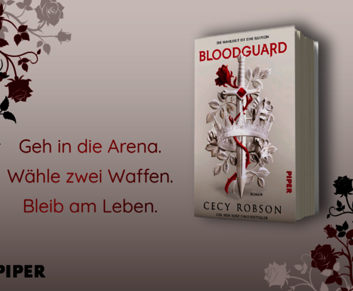 „Bloodguard“ als 3D Buchblock auf gestaltetem Hintergrund mit der Headline „Geh in die Arena. Wähle zwei Waffen. Bleib am Keben.“