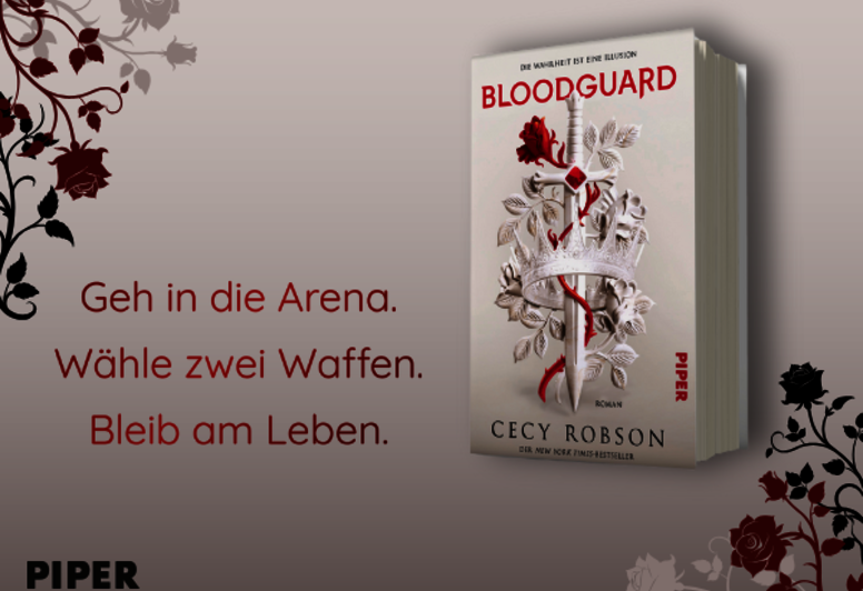 „Bloodguard“ als 3D Buchblock auf gestaltetem Hintergrund mit der Headline „Geh in die Arena. Wähle zwei Waffen. Bleib am Keben.“