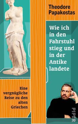 Wie ich in den Fahrstuhl stieg und in der Antike landete Das Buchcover zeigt auf der linken Seite eine weiße antike Statue, die elegant wirkt und den Betrachter anzieht. Der Hintergrund ist in sanften Holzmaserungen gehalten, während die rechte Seite mit einem kräftigen Türkis und orangefarbigen Elementen gestaltet ist. Oben steht in klarer Schrift der Titel „Wie ich in den Fahrstuhl stieg und in der Antike landete“, gefolgt von dem Untertitel „Eine vergnügliche Reise zu den alten Griechen“. Der Autorname Theodore Papakostas ist prominent platziert. Die Atmosphäre des Covers vermittelt eine Mischung aus Historie und moderner Neugier.